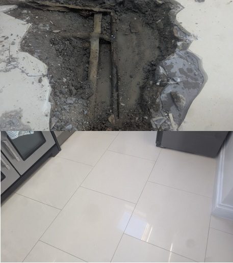 Leak found after gas tracing, floor exposed and excavated. Reinstatement works carried out to tiled floor after the repair was carried out.